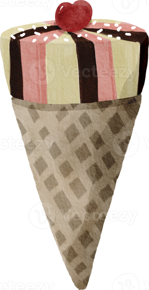 Watercolor ice cream in waffle cone png