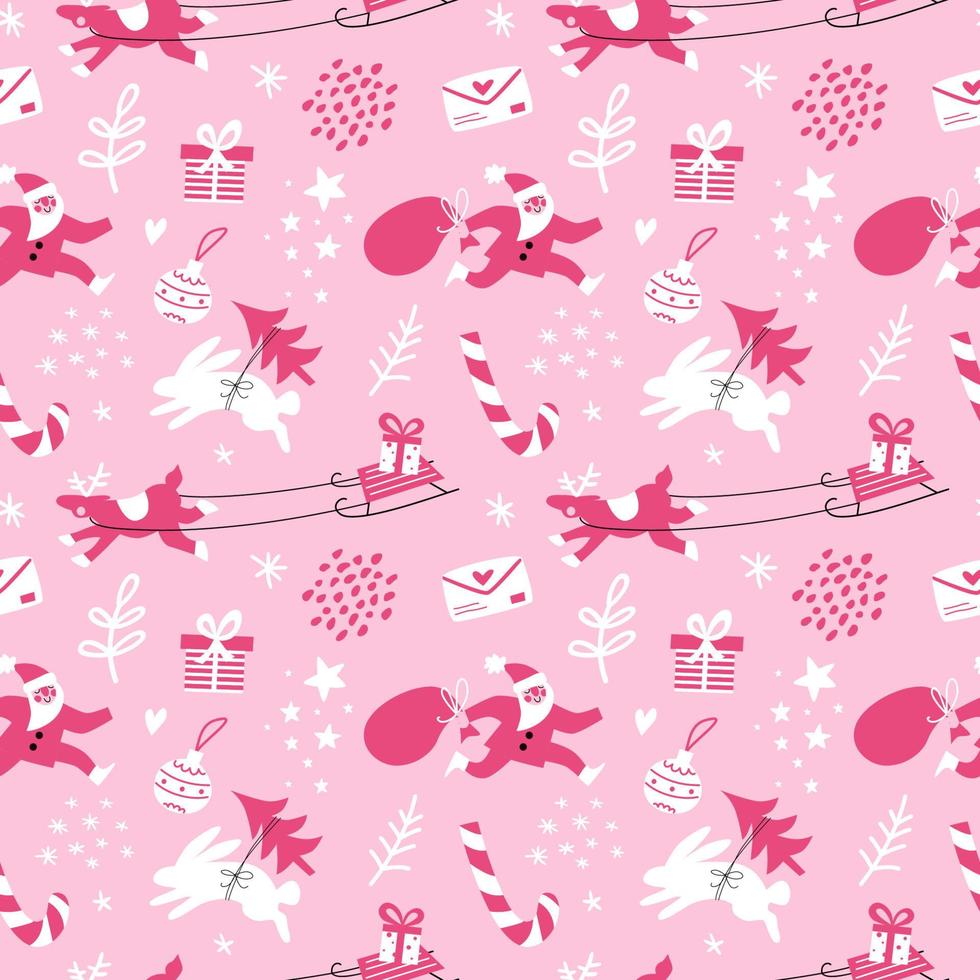 Christmas pink seamless pattern with Santa Claus. vector