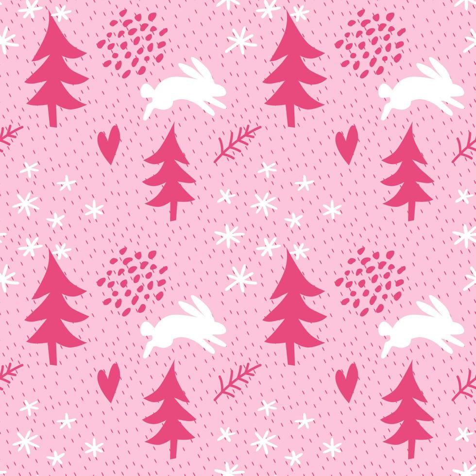 Cute kids pattern with rabbits in winter forest. vector