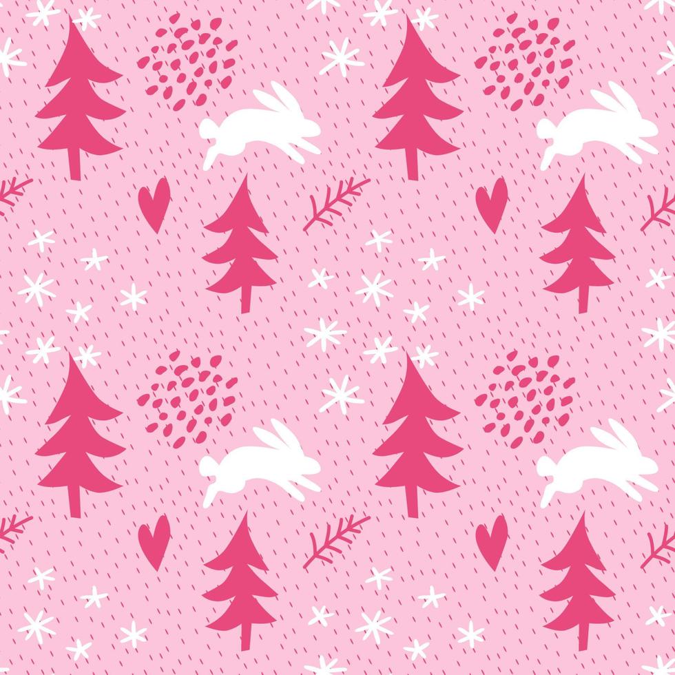 Cute kids pattern with rabbits in winter forest. vector