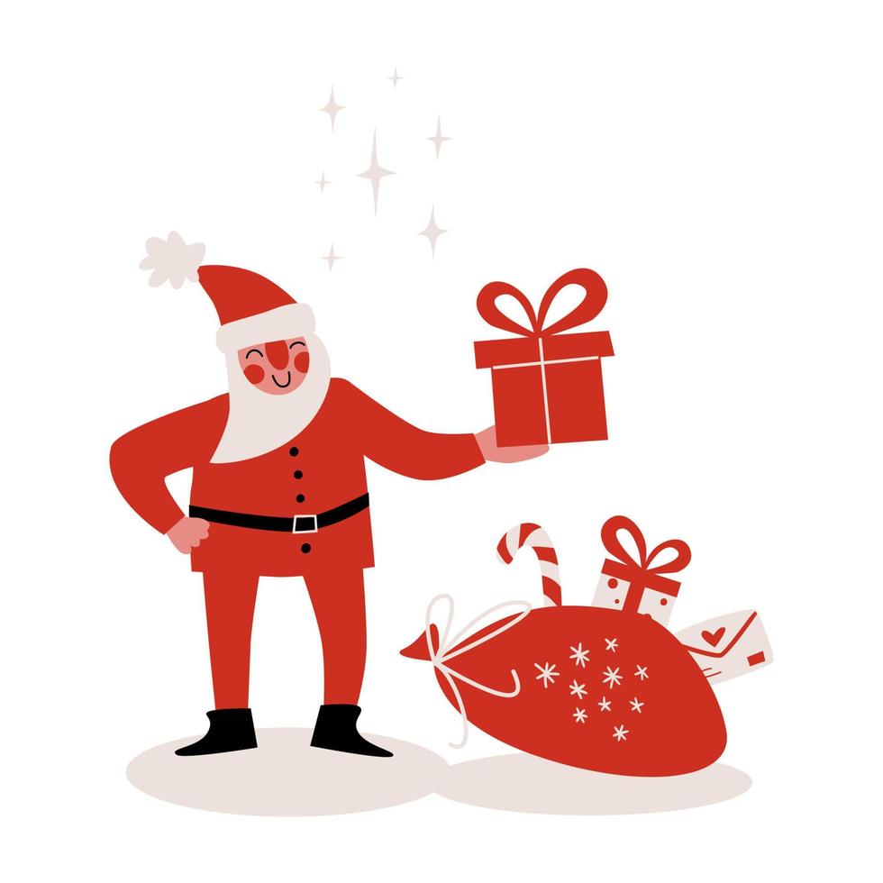 Santa Claus with gifts bag and present box. vector