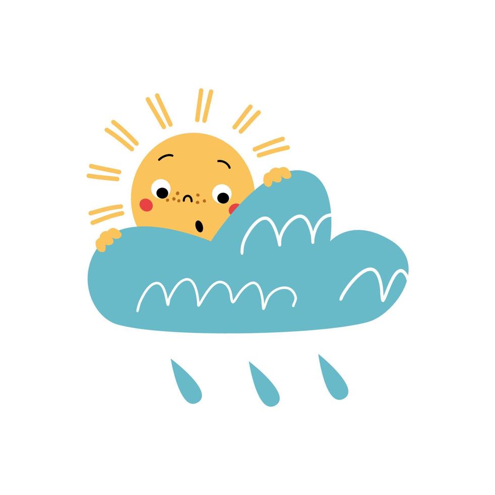 Sun and cloud with rain drops. Print for kids. vector