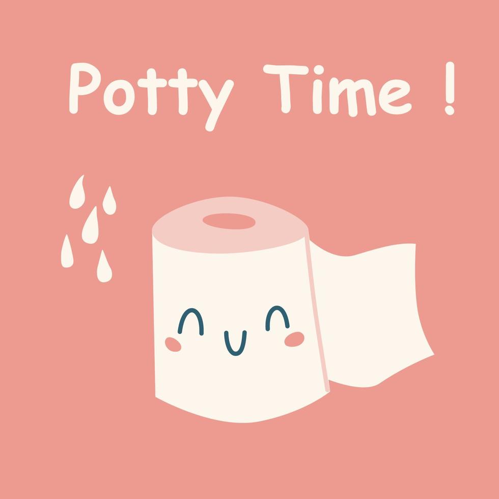 Potty time poster. Vector cute toilet paper illustration.