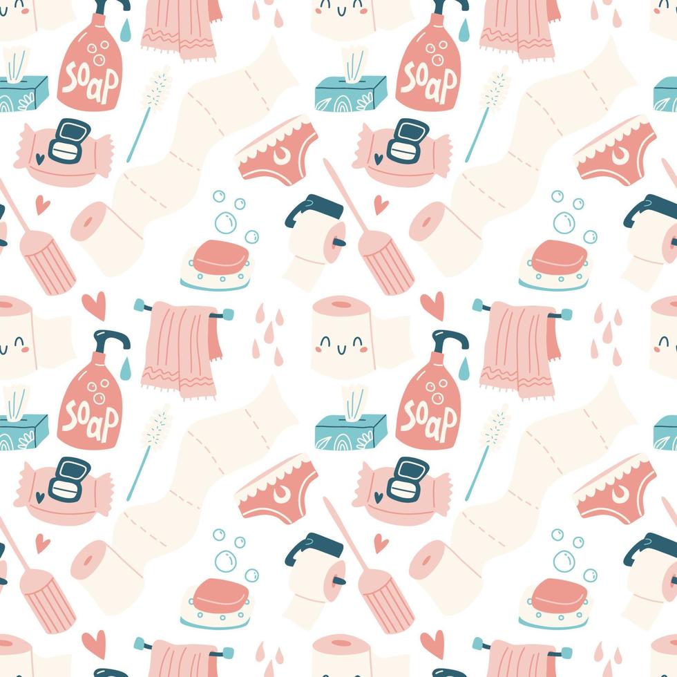 Seamless vector pattern with funny toilet and bathroom items.