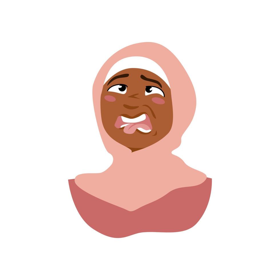 Cute muslim girl in hijab with disgust face. Vector portrait.