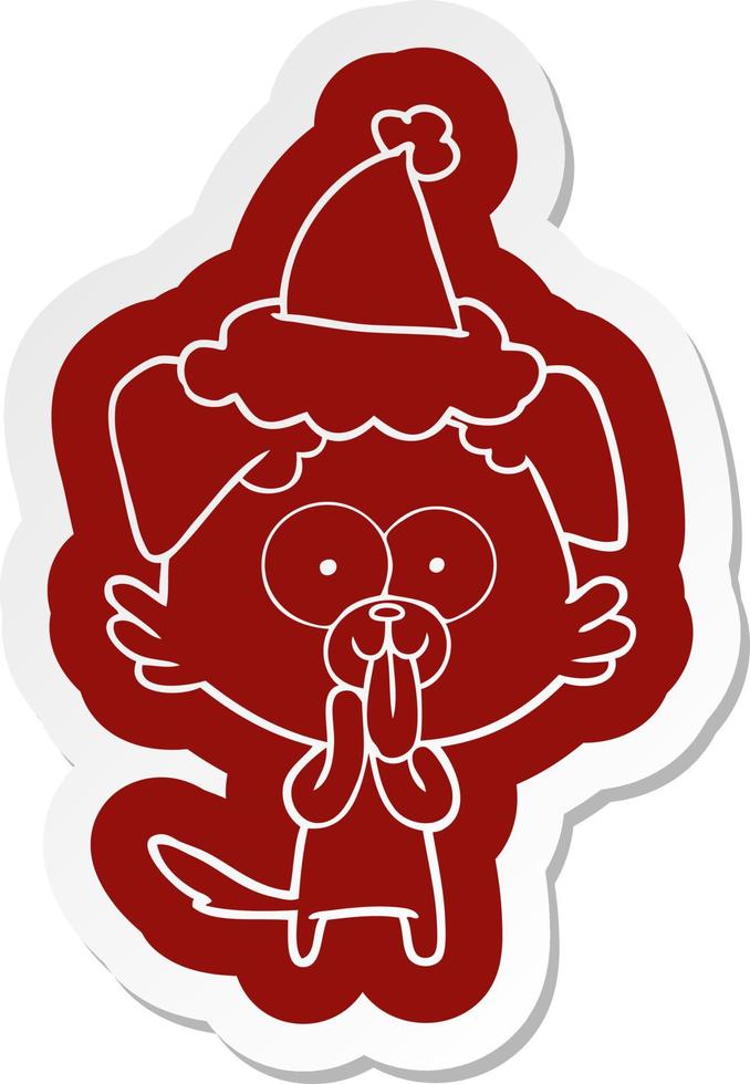 cartoon  sticker of a dog with tongue sticking out wearing santa hat vector