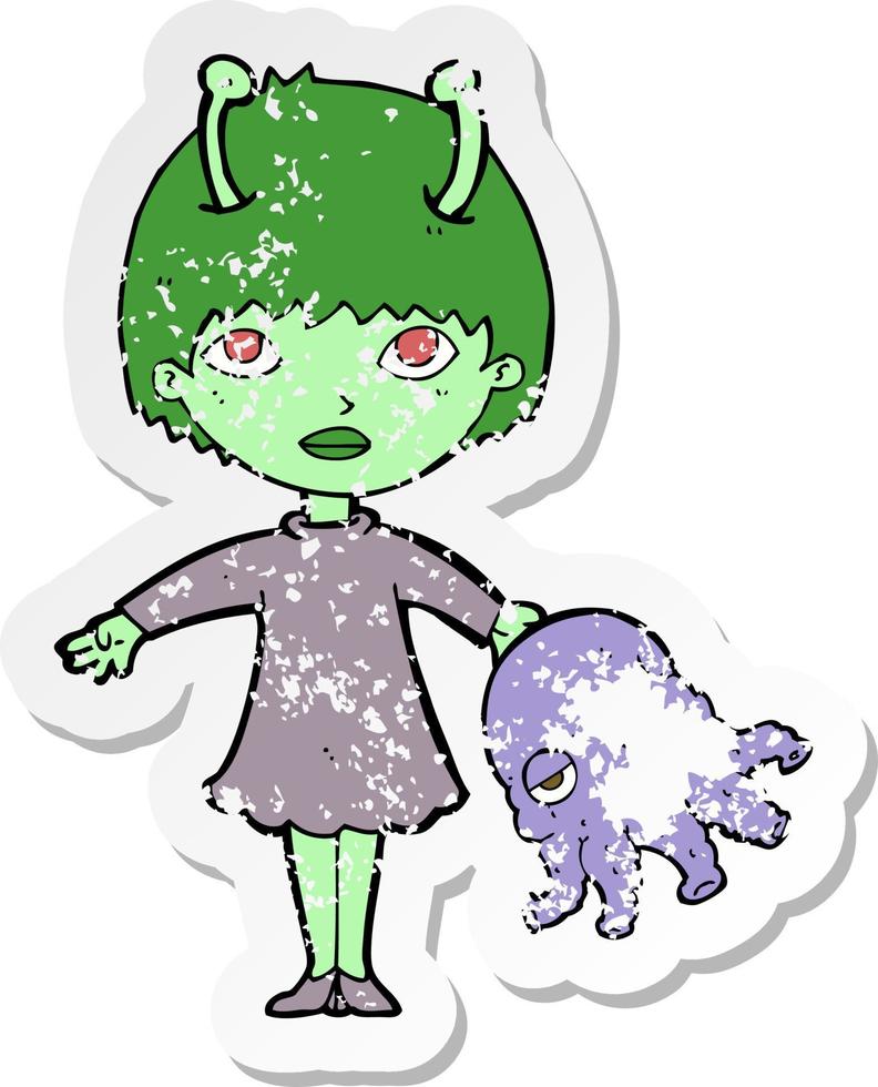 retro distressed sticker of a cartoon alien woman vector