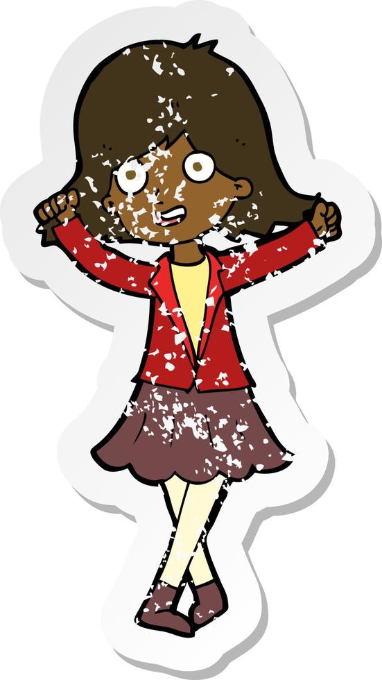 retro distressed sticker of a cartoon happy girl vector