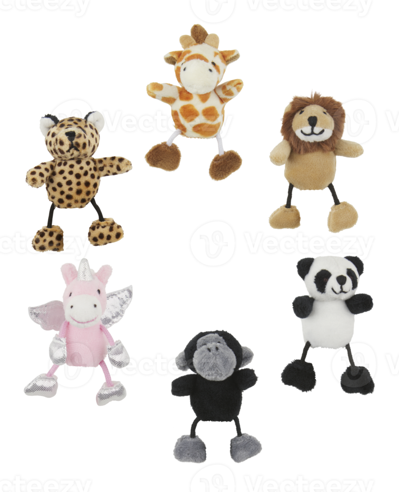 bonecas de brinquedo animal, leopardos, girafas, leões, pandas, macacos, unicórnios isolados no fundo branco com traçado de recorte png