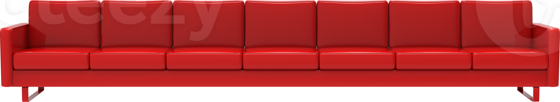 Extremely long red leather sofa isolated on transparent background. 3d rendering png