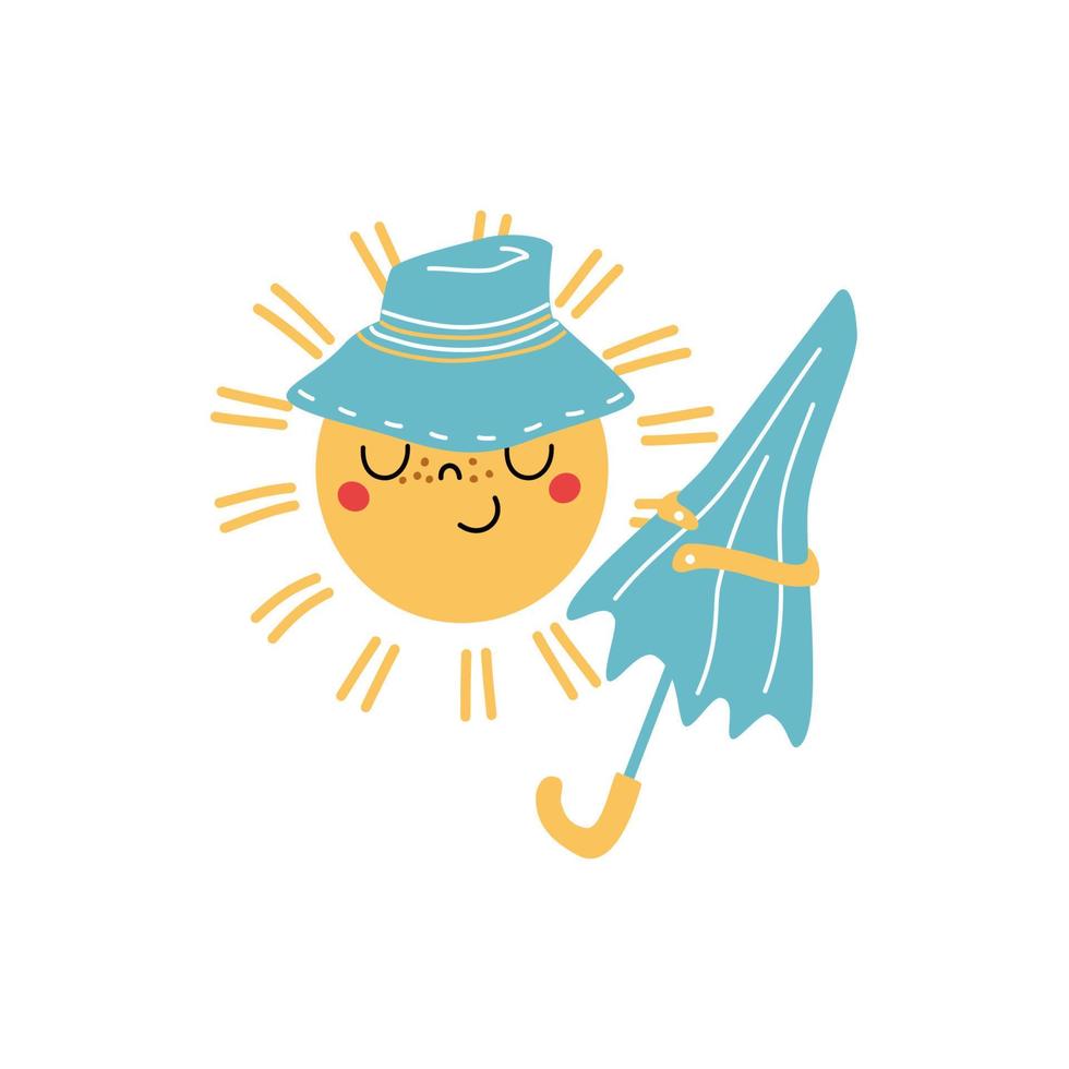 Cute sun character with hat and umbrella. vector