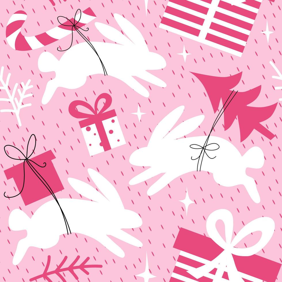 Christmas pink seamless pattern with rabbits and gifts. vector