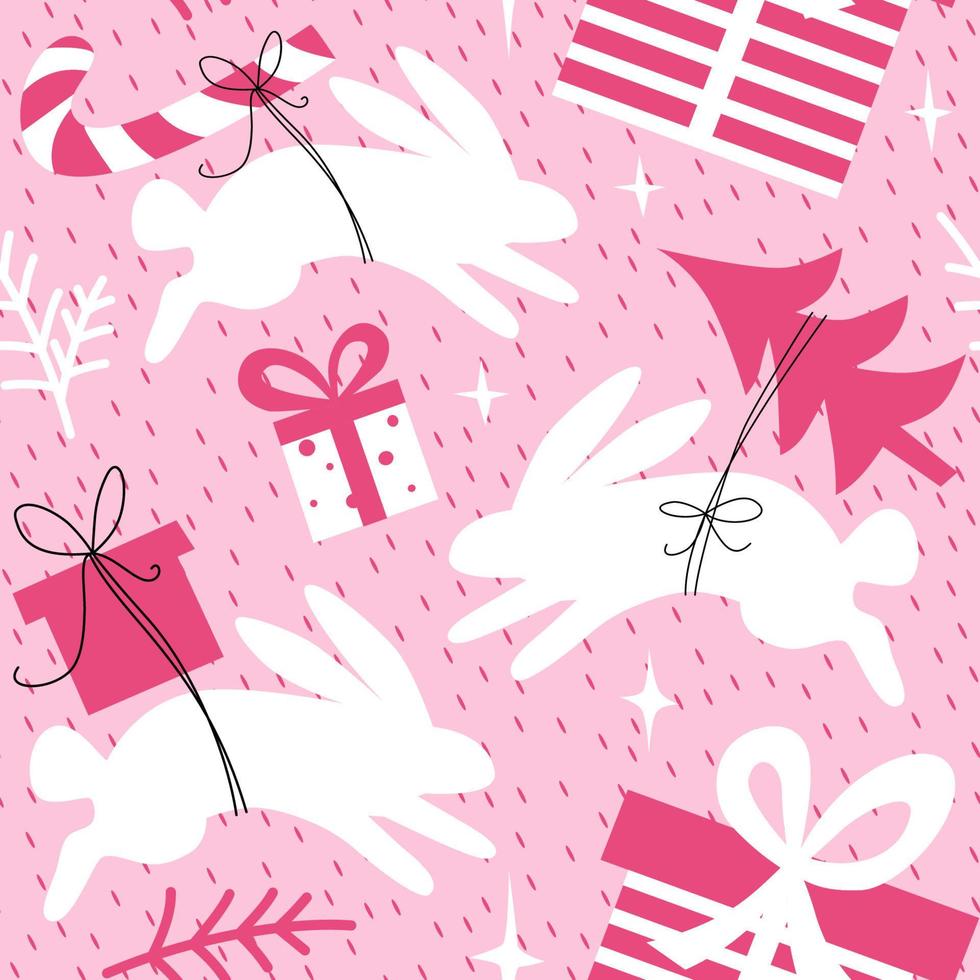 patrón transparente de navidad rosa con conejos y regalos. vector