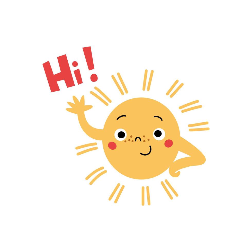 Cute sun character waving hand and Hi lettering. vector