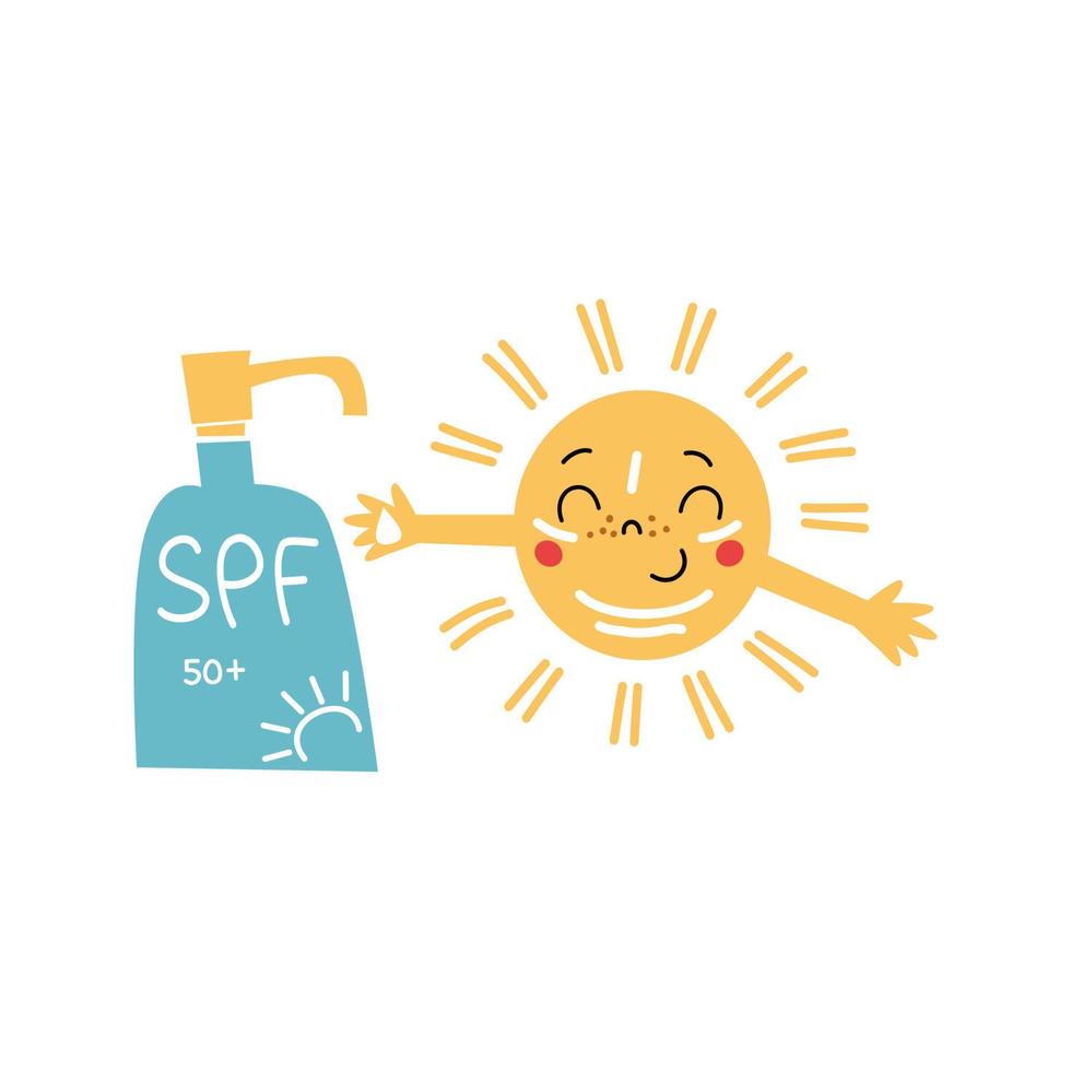 Sun character applying sunscreen. vector