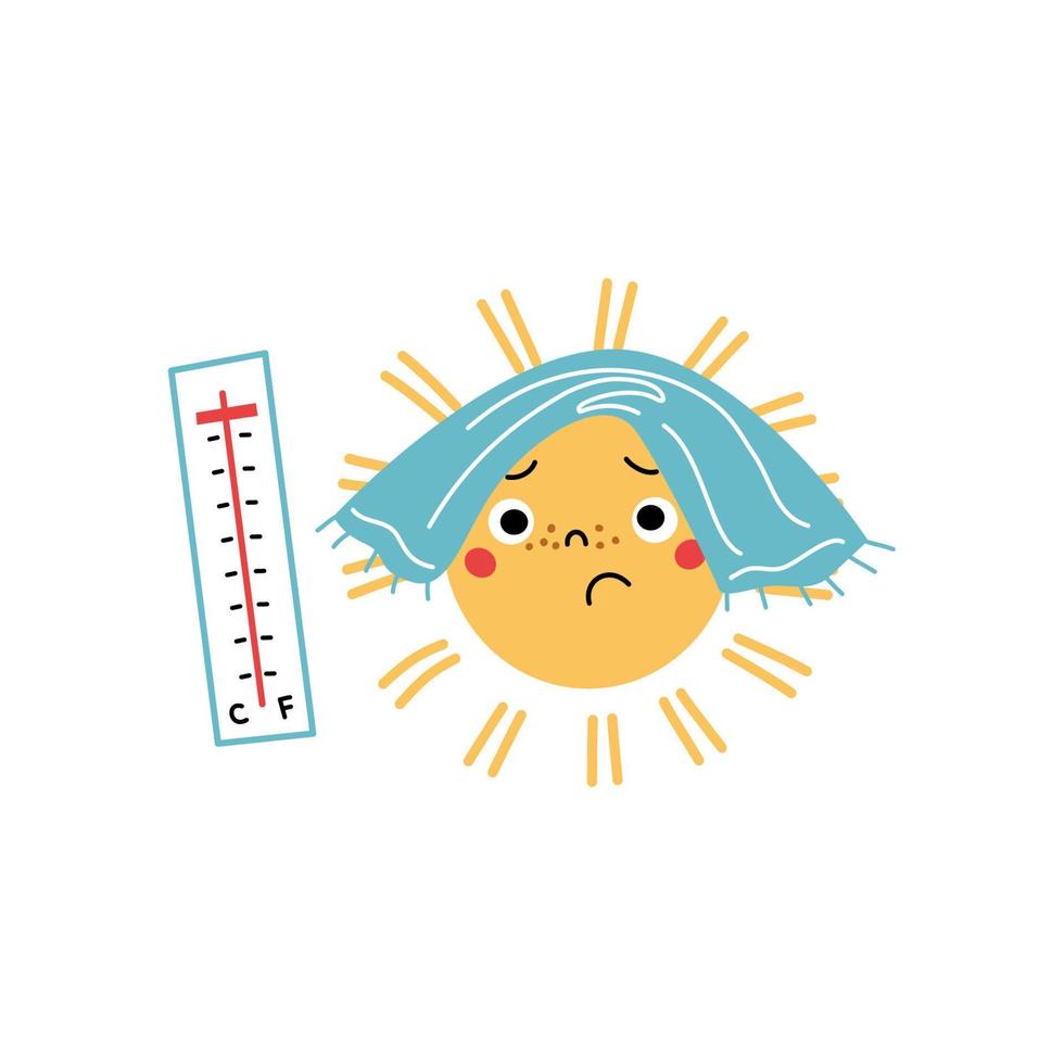 Sun with towel and thermometer. Extreme hot weather concept. vector