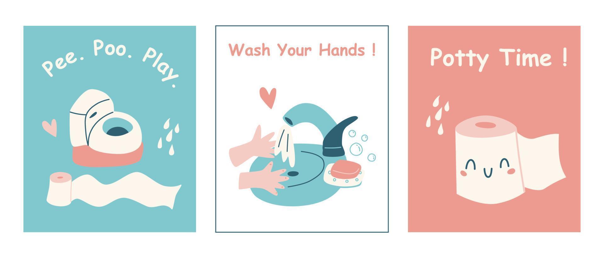 Bathroom posters for kids. Potty training vector prints for preschool decorations.