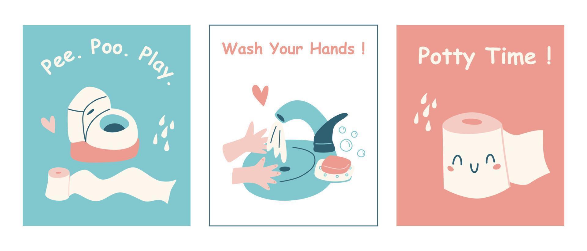 carteles de baño para niños. huellas vectoriales de entrenamiento para ir al baño para decoraciones preescolares. vector