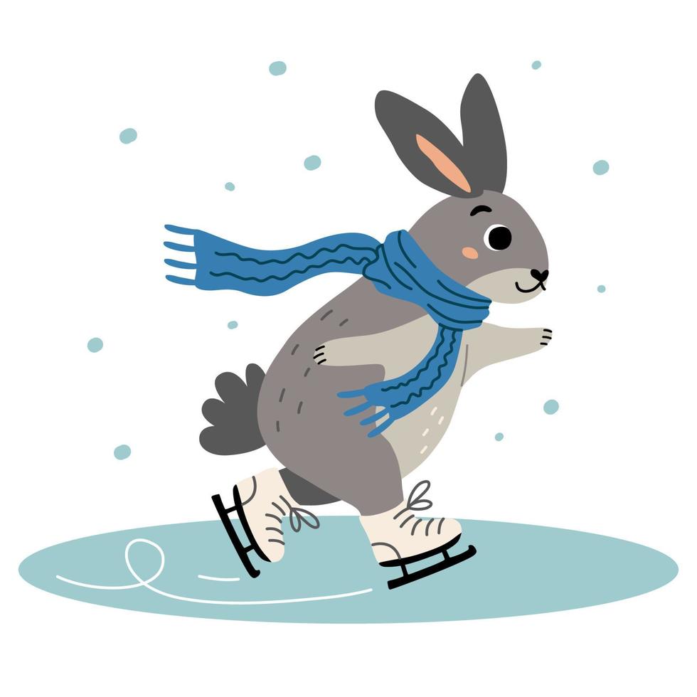 Cute bunny ice skating. Vector illustration of winter rabbit.