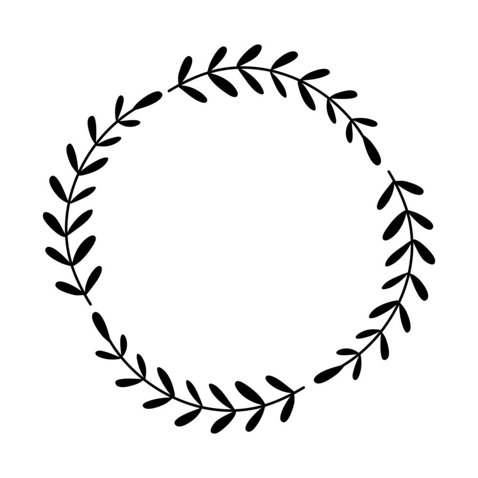 Round frame of small round leaves branches. Vector doodle wreath.