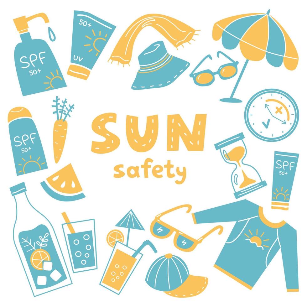 Sun safety tips poster with sun protection elements. vector