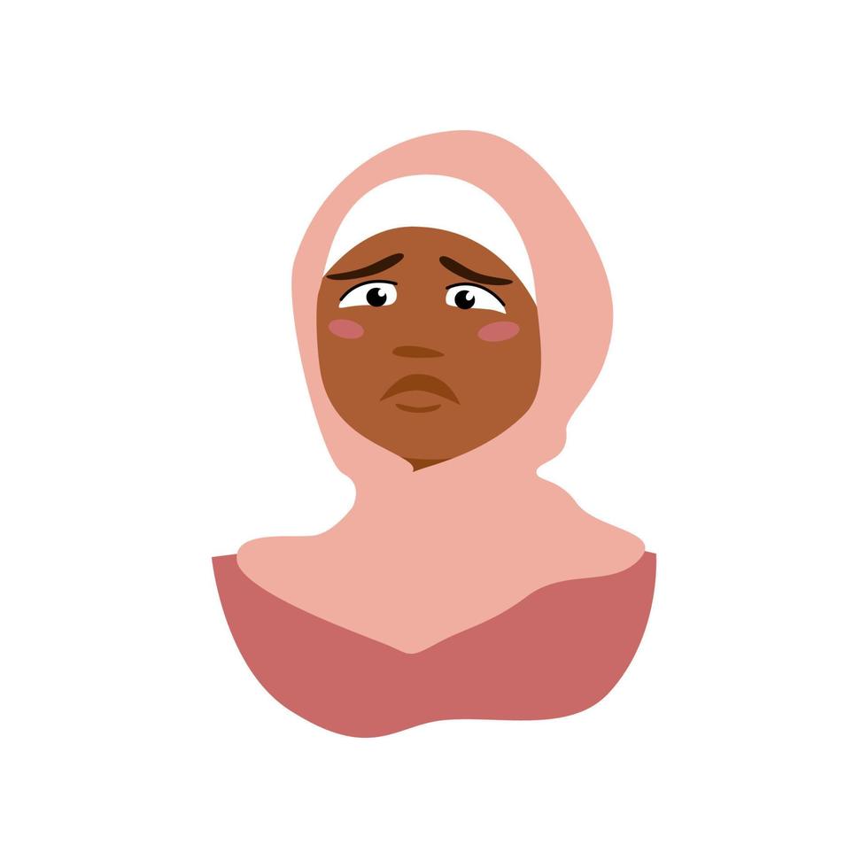 Sad muslim girl. Vector cartoon portrait of woman in hijab.