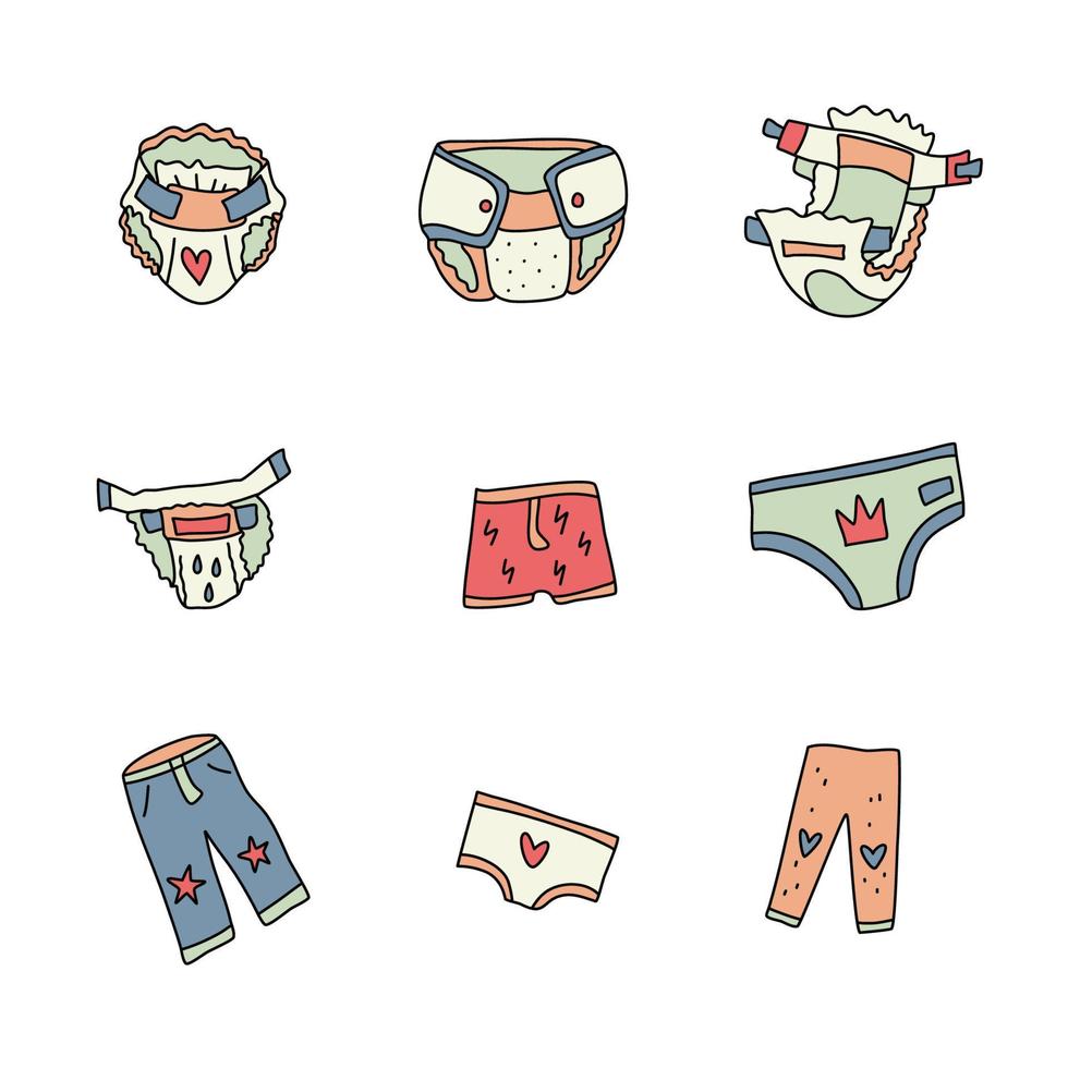 Diapers and kids pants elements. Vector doodle set.