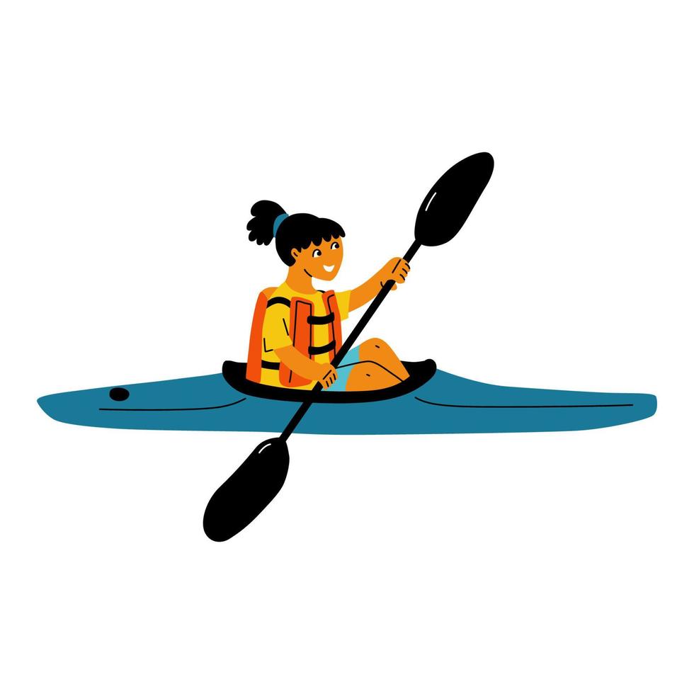 Girl kayaking. Female with life vest paddling kayak boat. vector