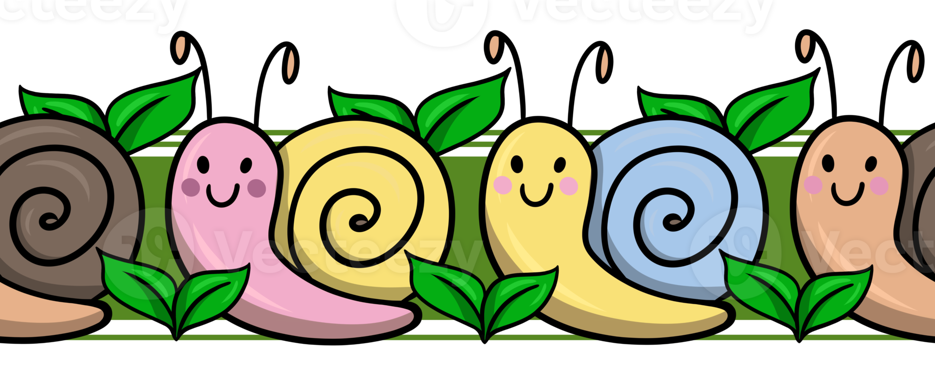 motif de bordure harmonieux, mignons petits escargots colorés rampant parmi les plantes png