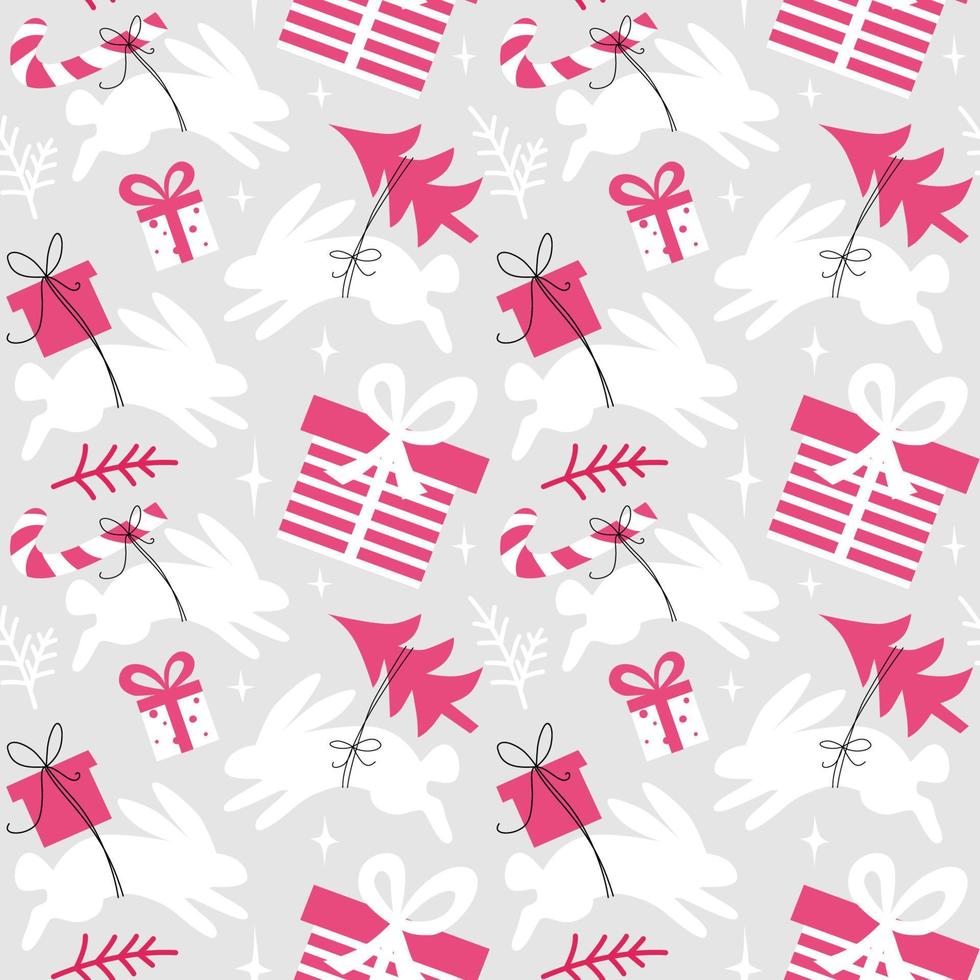 Seamless New Year pattern with rabbits. vector