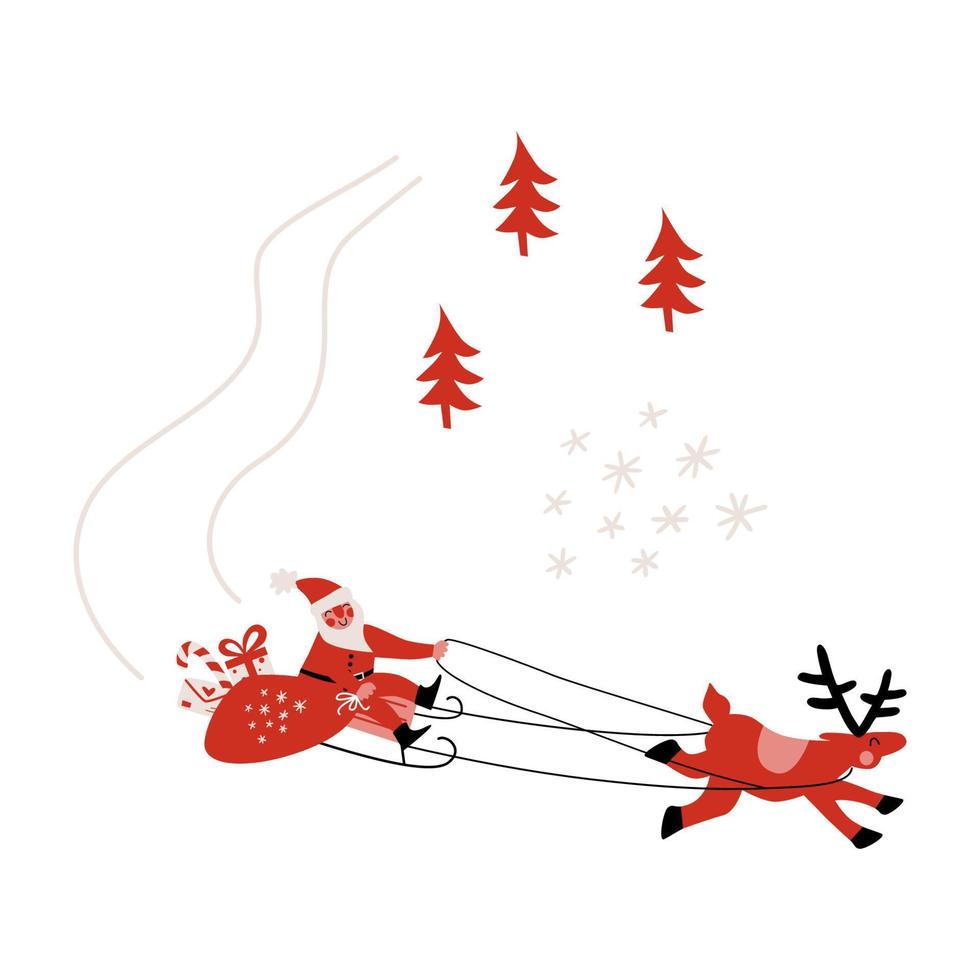 Vector illustration of Santa Claus riding reindeer sleigh.