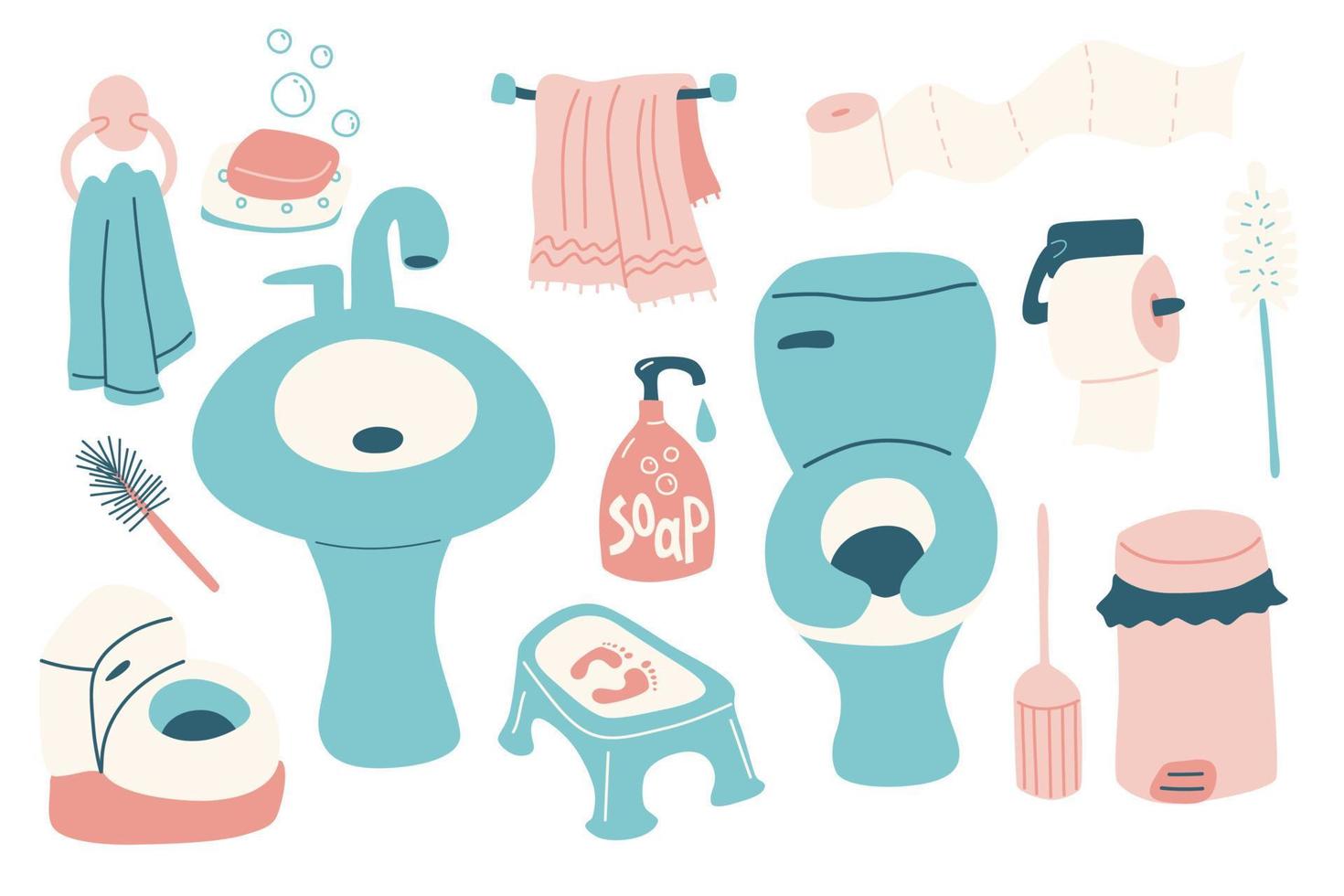 Bathroom set. Vector hand drawn elements.