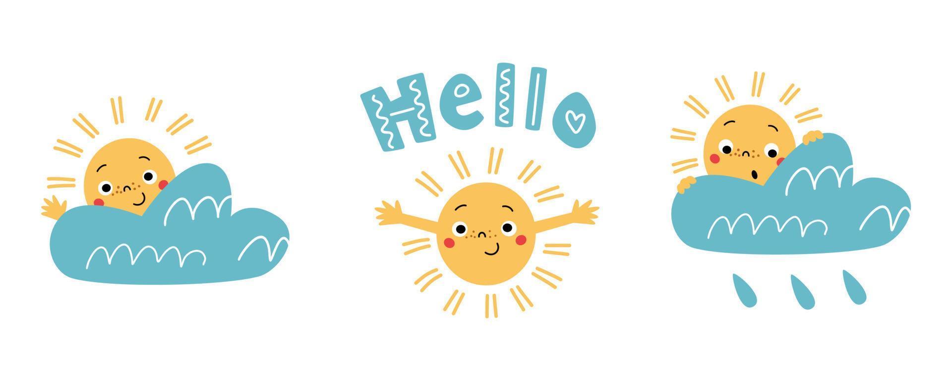 Cute sun characters for kids nursery and kindergarden design. Vector prints.