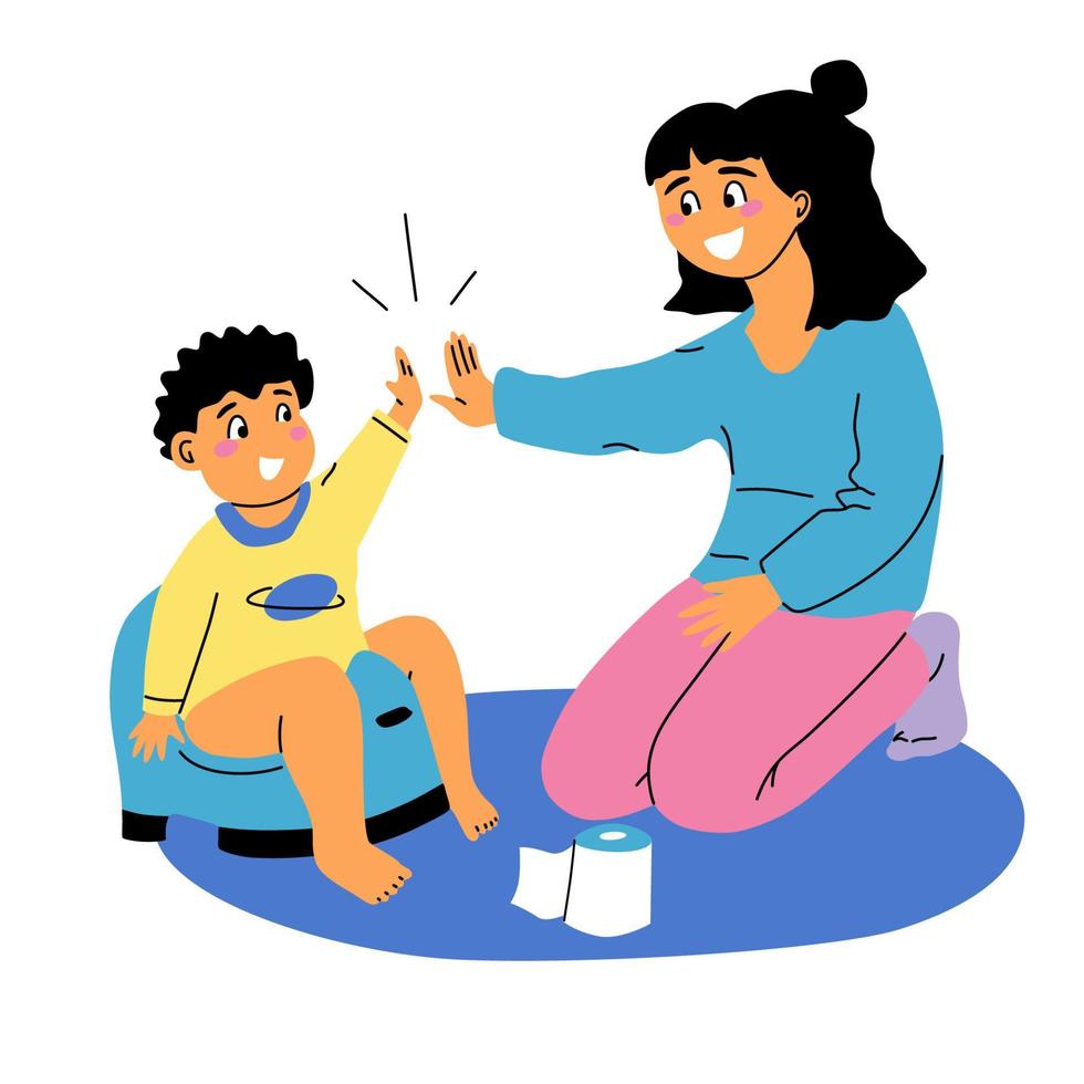 Mom praising baby boy using potty. Potty training vector illustration.