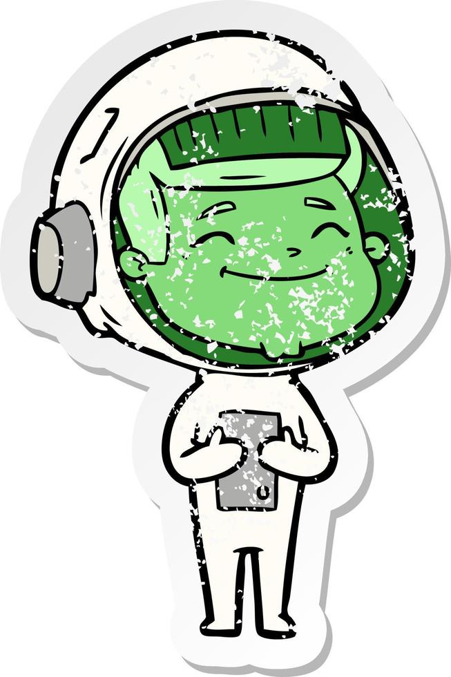 distressed sticker of a happy cartoon astronaut vector