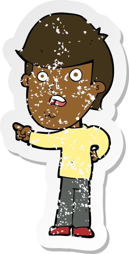 retro distressed sticker of a cartoon shocked man pointing vector