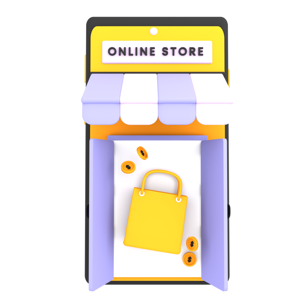 Magasin d'achat en ligne 3d avec mobile, icône de sac à provisions illustration de commerce électronique png