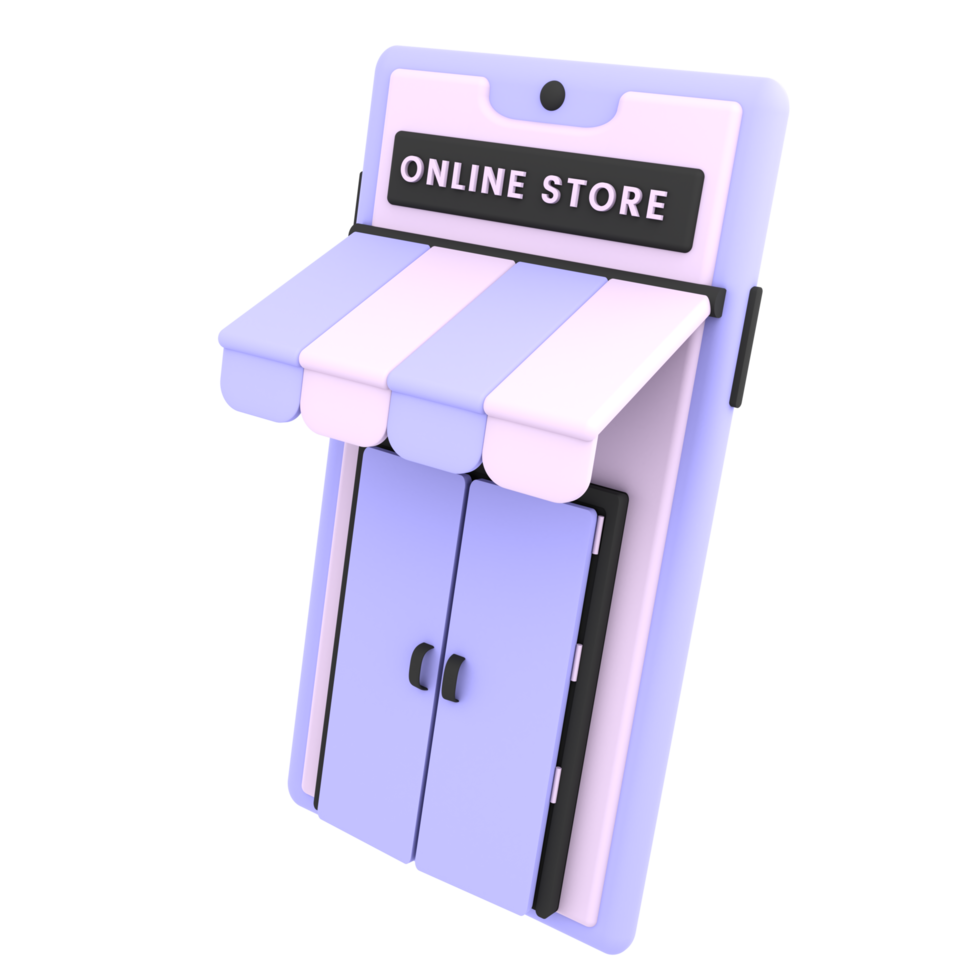 3D-Online-Shopping-Shop mit mobiler Symbol-E-Commerce-Illustration png