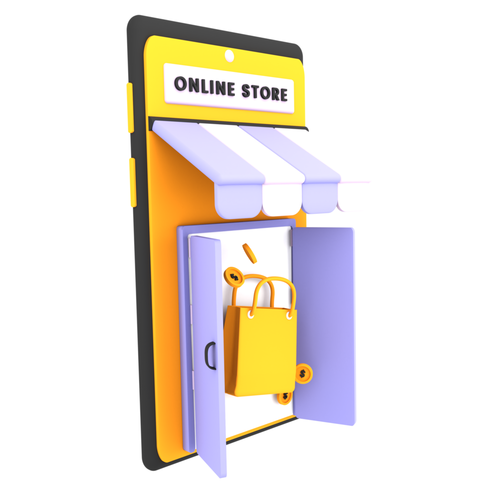 3d online shopping store with mobile, shopping bag icon ecommerce illustration png