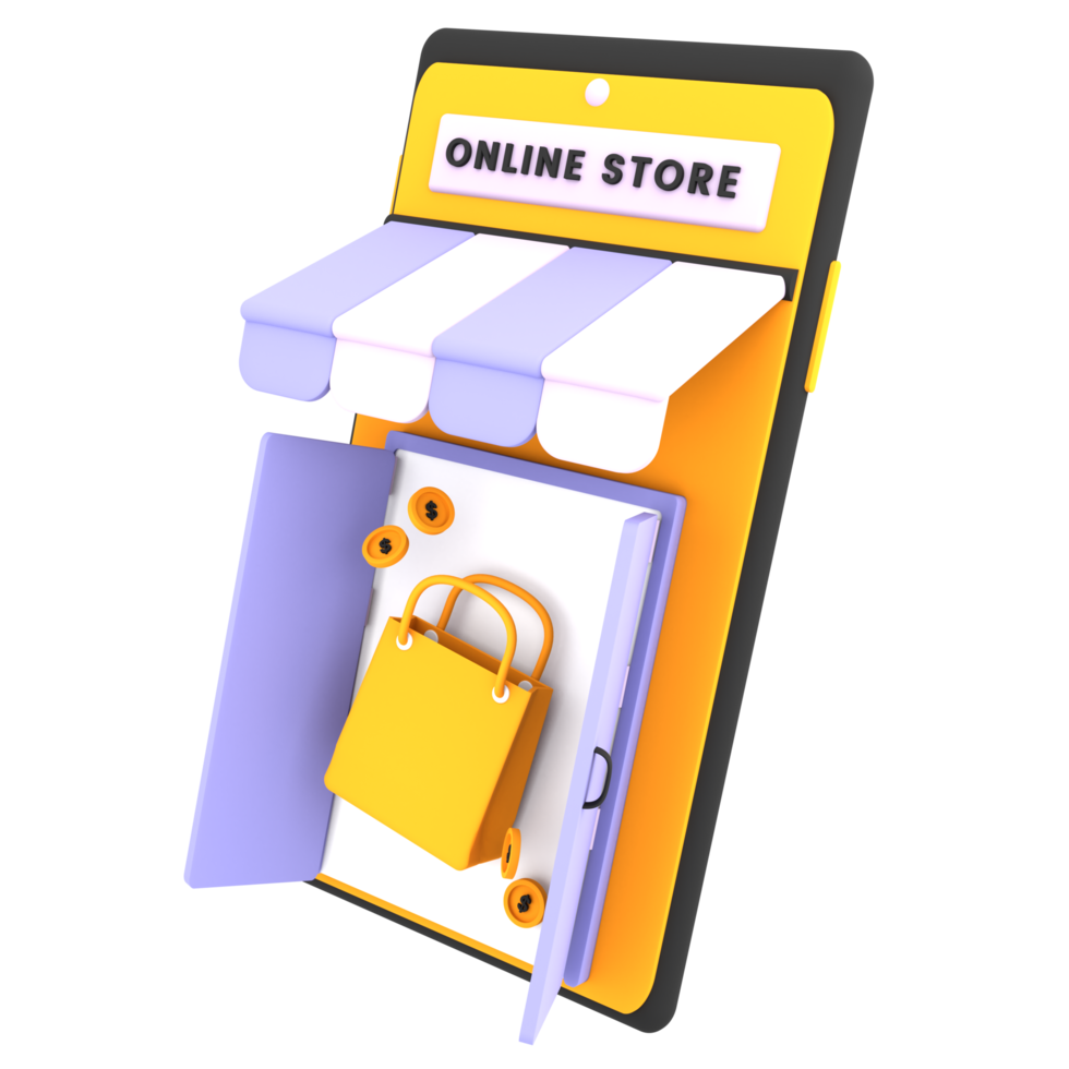 Tienda de compras en línea 3d con móvil, ilustración de comercio electrónico de icono de bolsa de compras png