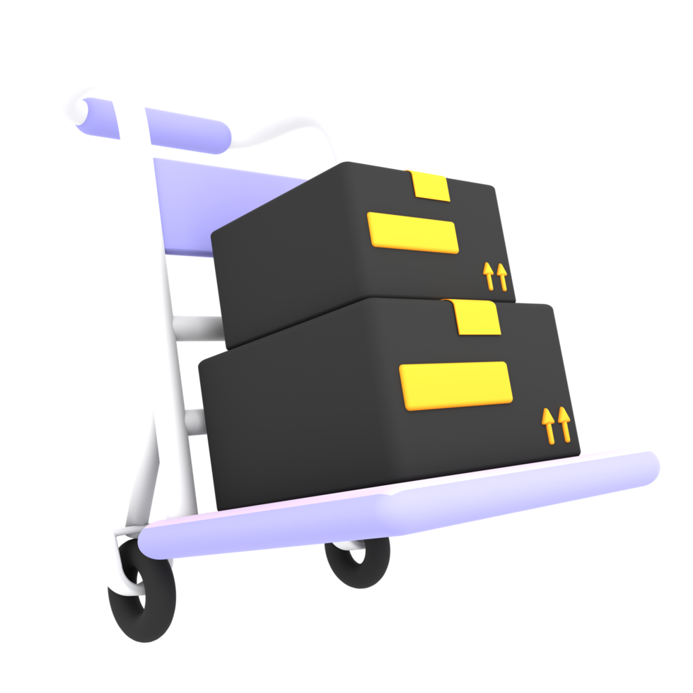 3d-Paketkastenzustellung mit Trolley-Versandikonen-E-Commerce-Illustration png