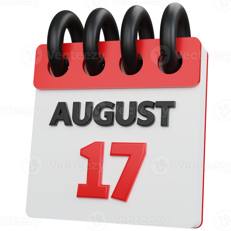 3d rendering calendar august with the number seventeen isolated png