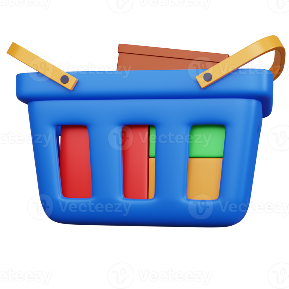 3d rendering blue shopping cart with with the contents of the shopping box isolated png