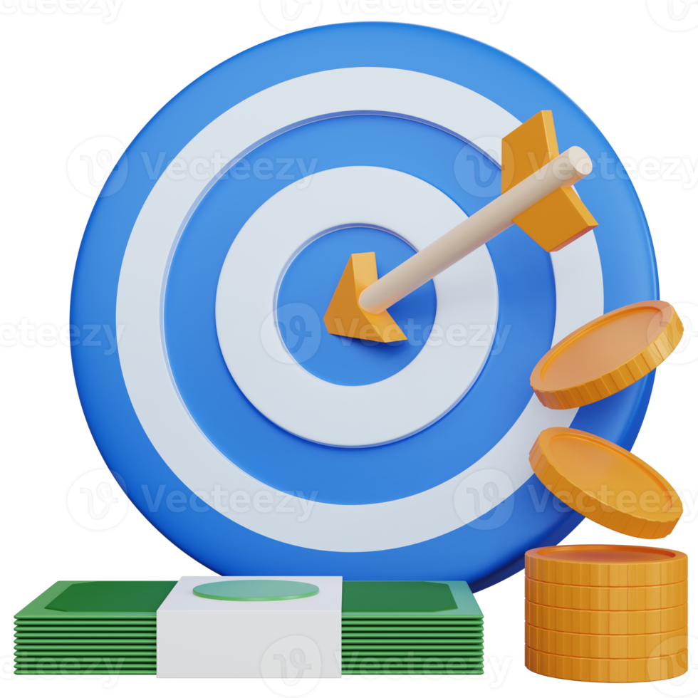 3d rendering blue Target with some money isolated png