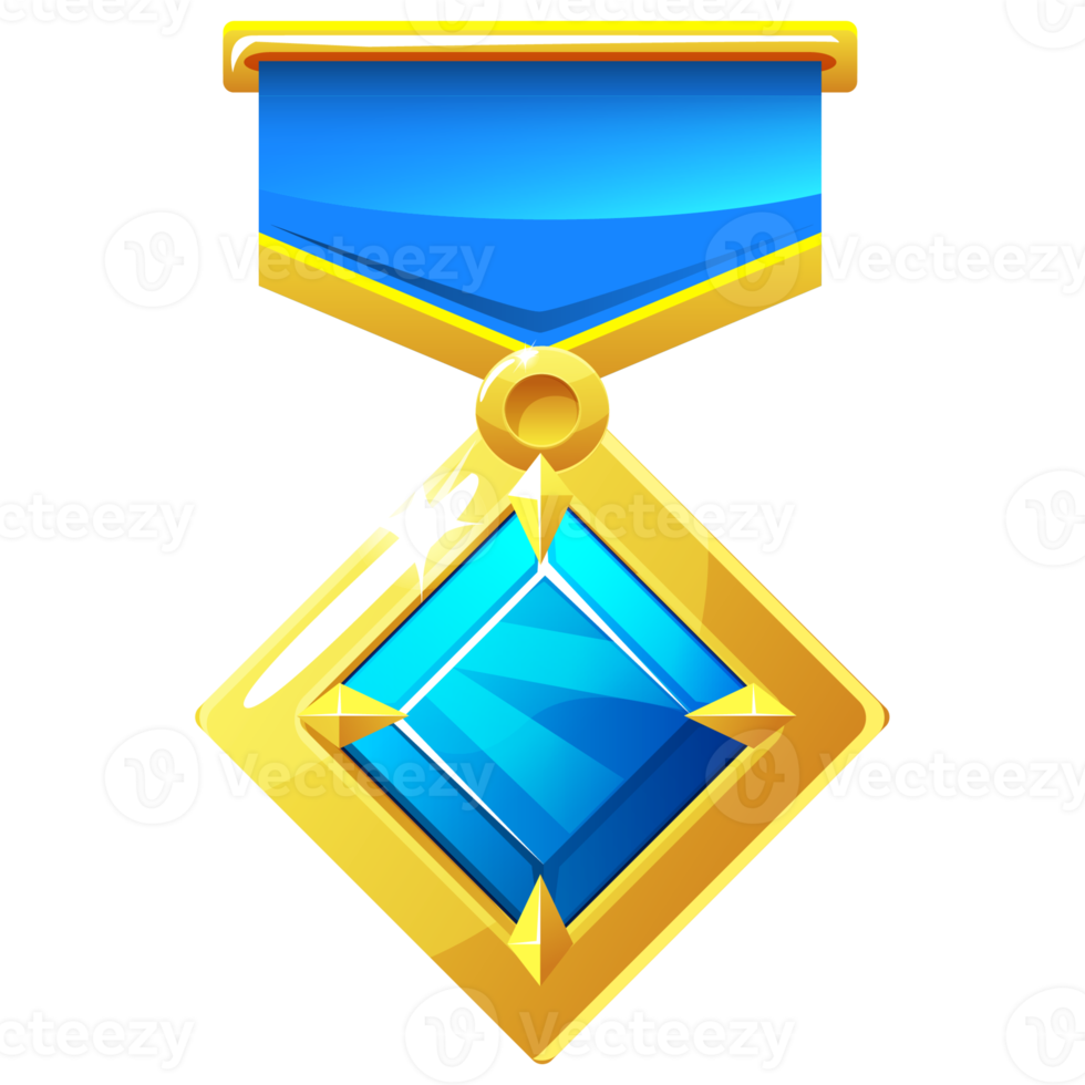 losango de medalha de ouro com diamante azul para o jogo. ilustração de um prêmio com uma jóia. png