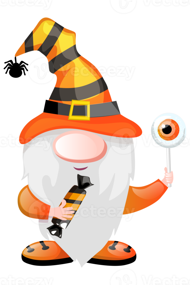 Orange gnome with candy and lollipop for Halloween Day. png