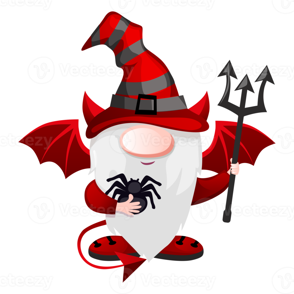 gnomo do diabo dos desenhos animados com o tridente de demônios. personagem de duende de halloween png