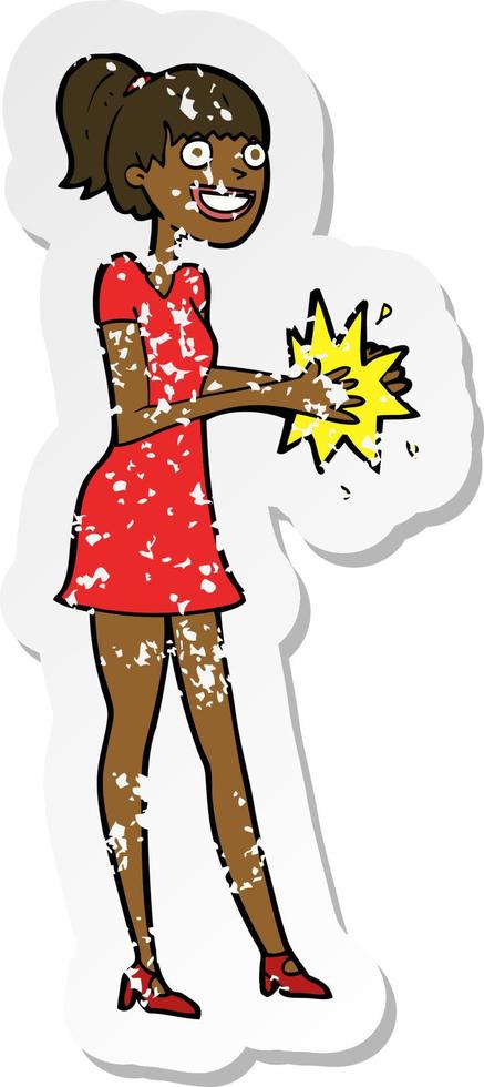 retro distressed sticker of a cartoon woman clapping hands vector