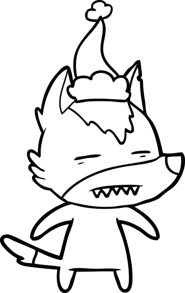 line drawing of a wolf showing teeth wearing santa hat vector