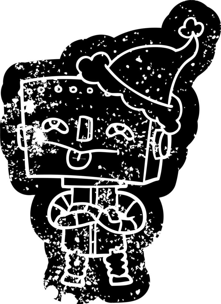 cartoon distressed icon of a robot wearing santa hat vector